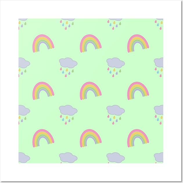 Rainbow and Rain Clouds Pattern in Green Wall Art by Kelly Gigi